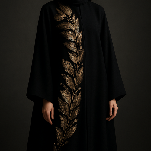 The Golden Feather Bloom Abaya
Tone: Onyx black
Design:
Handmade metallic gold feather petals arranged across one side with delicate embroidery.
Embellishment:
Champagne stones placed between feathers for a couture glow.
Vibe: Dramatic couture with modern softness.