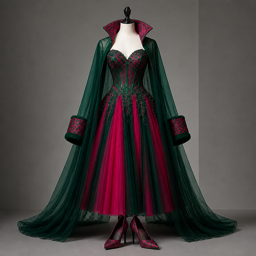 Make it jewel green and fuschia
edit the attached fashion design with these instructions: Make it jewel green and fuschia. keep it photorealistic, just the design no text