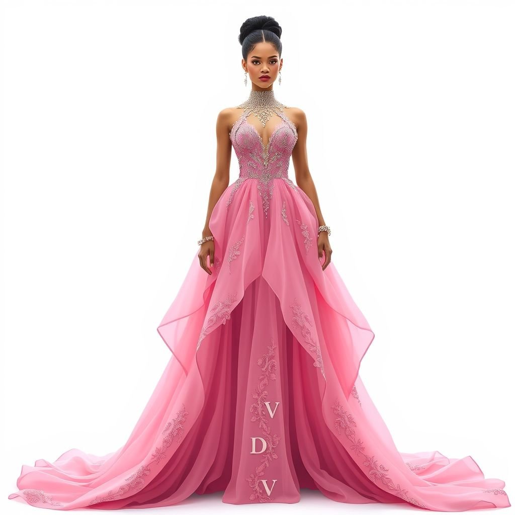 Create me a unique pink met gala dress that resembles something rhianna would wear, but I want it to be modest and empowers a Met Gala look. Put “DV” on it somewhere
Design a stunning pink Met Gala gown, inspired by Rihanna’s iconic style, blending opulence with modesty. The dress features a flowing silhouette, intricately layered silk chiffon, and a high neckline adorned with sparkling crystals. Embellish it with elegant lace details and boldly incorporate “DV” into the design, celebrating empowerment and glamour.