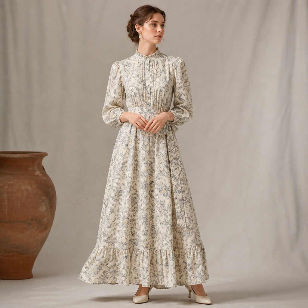 A Dress design, with modest, full coverage: longer hemlines, higher necklines and covered shoulders, suitable for Summer, in Vintage style. CM fashion aesthetics. Present it as professional fashion catalogue photography: the garment is the subject, shown full-length with editorial styling, neutral posing and tasteful, non-suggestive framing.
photorealistic fashion design, A Dress design, with modest, full coverage: longer hemlines, higher necklines and covered shoulders, suitable for Summer, in Vintage style. CM fashion aesthetics. Present it as professional fashion catalogue photography: the garment is the subject, shown full-length with editorial styling, neutral posing and tasteful, non-suggestive framing., vintage style, just the design no text