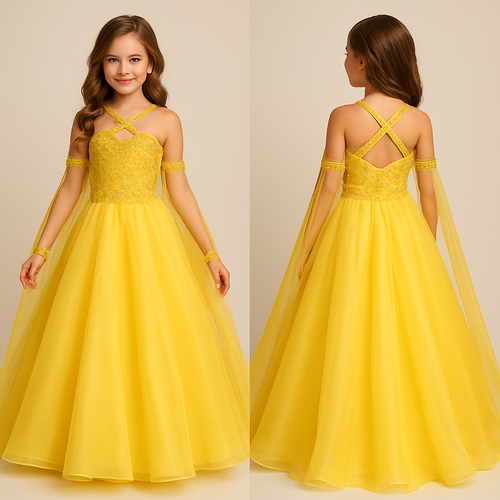 Preteen pageant girl yellow dress that has an Aline mixed with ball gown look. The bodice has yellow rhinestone beading with a sweetheart neckline that has straps that cross on the front and back to make it look like a halter. The waistline is a slanted at an angle with a thick waistline band with full yellow rhinestone beading . The skirt of the dress is organza and hits the floor. 

The dress has arm cuffs on the upper arm with yellow rhinestone beading. Then the cape attaches at the back zipper of the dress and drapes in a “w” shape where it attacked on the back of the arm cuffs. The cape is organza fabric and hits down to the floor past the dress.

The back of the dress straps are Criss cross as well with full yellow rhinestones beading. 