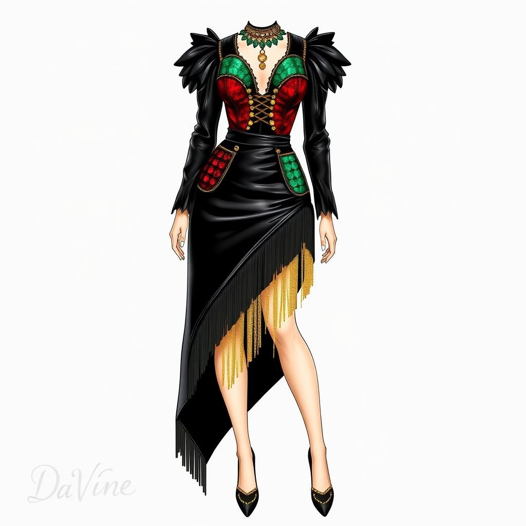 Create me a unique leather dress, something that cruella would make. Add some color to it. Put “Da’Vine” in the bottom left corner
Design a show-stopping, glamorous leather dress reminiscent of Cruella’s high-fashion aesthetic. Imagine a bodice adorned with vibrant emerald and ruby panels, cascading into a dramatic, asymmetrical skirt. Complete this opulent look with shimmering gold accents and playful fringes. Embellish the bottom left corner with the elegant signature “Da’Vine.”