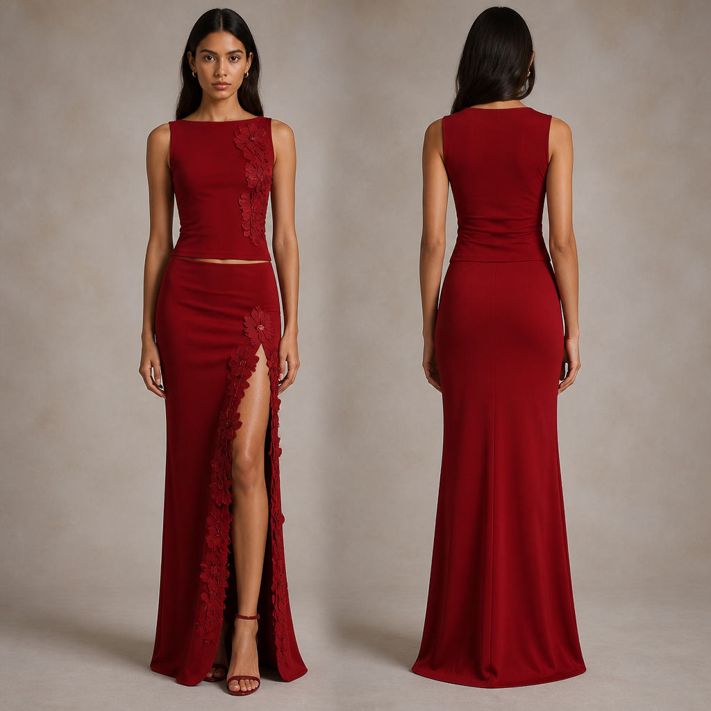 Cherry red long straight maxi skirt with opening. Big Flower appliques (salsa vibe) on oppening. Fitted. Top same color with repetition color appliques.
photorealistic fashion design, Cherry red long straight maxi skirt with opening. Big Flower appliques (salsa vibe) on oppening. Fitted. Top same color with repetition color appliques., preppy_chic style, just the design no text, show front and back