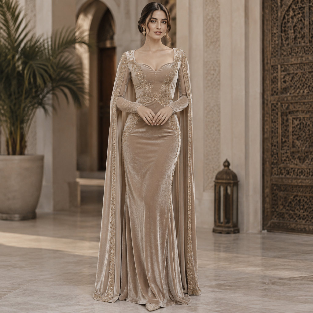 A Female Dress design, made of Velvet, with a sleek, smooth finish, with a Bodycon silhouette, in a Neutrals color palette, for Wedding, suitable for Summer, suited to a Temperate climate, in Elegant style, shown on a model with fair skin. Algeria fashion aesthetics. Present it as professional fashion catalogue photography: the garment is the subject, shown full-length with editorial styling, neutral posing and tasteful, non-suggestive framing.
photorealistic fashion design, A Female Dress design, made of Velvet, with a sleek, smooth finish, with a Bodycon silhouette, in a Neutrals color palette, for Wedding, suitable for Summer, suited to a Temperate climate, in Elegant style, shown on a model with fair skin. Algeria fashion aesthetics. Present it as professional fashion catalogue photography: the garment is the subject, shown full-length with editorial styling, neutral posing and tasteful, non-suggestive framing., elegant style, just the design no text
