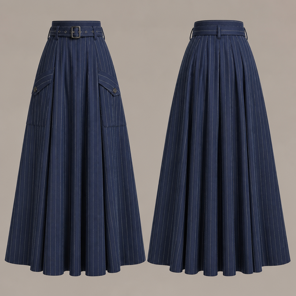 A Female Skirt design, in Vintage style. high waist, long, belt, stripes, navy blue, pockets, wide. HR fashion aesthetics.
photorealistic fashion design, A Female Skirt design, in Vintage style. high waist, long, belt, stripes, navy blue, pockets, wide. HR fashion aesthetics., vintage style, just the design no text, show front and back