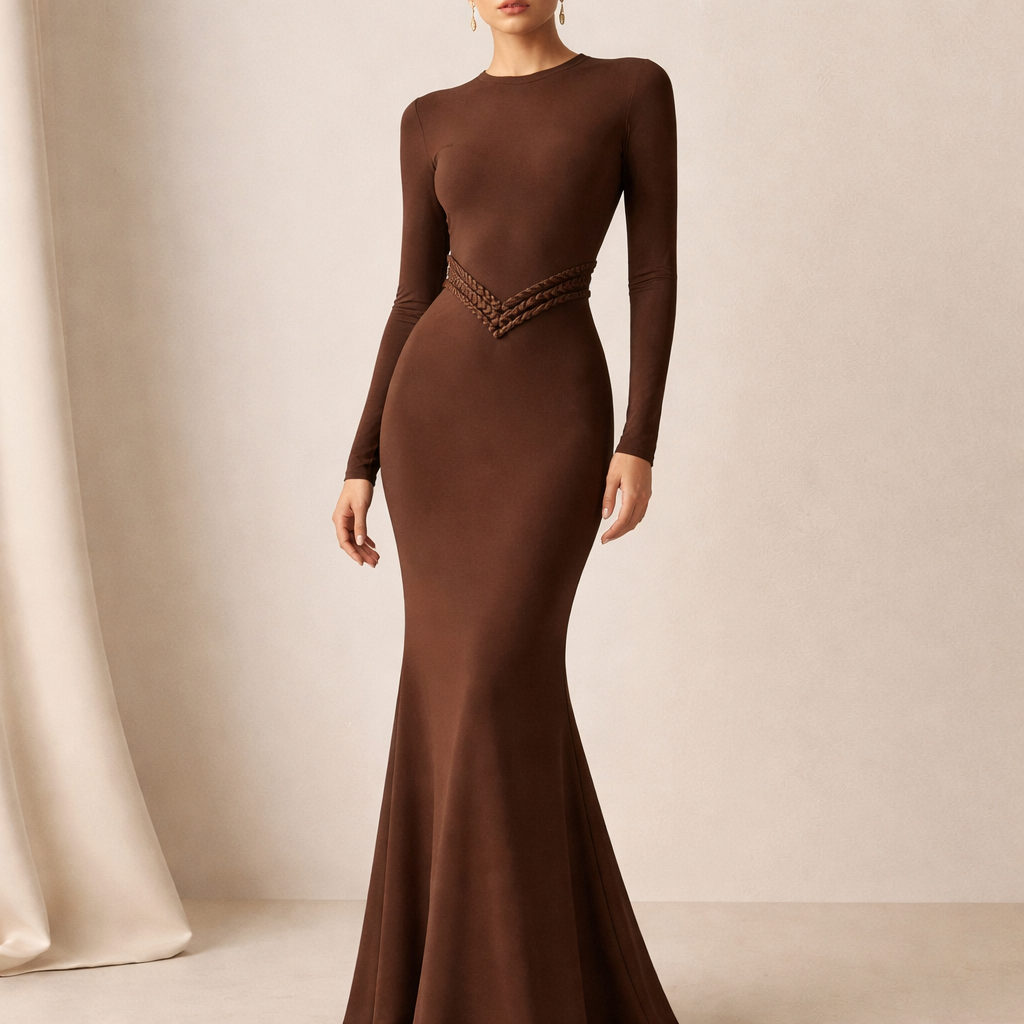 Fitted brown maxi dress with long sleeves, soft stretch crepe, mermaid bottom, statement braided rope detail at the waist forming a sharp V shape, cinched waist effect, minimal clean design, modest luxury fashion, neutral background, fashion catalog style”
Fitted brown maxi dress with long sleeves, soft stretch crepe, mermaid bottom, statement braided rope detail at the waist forming a sharp V shape, cinched waist effect, minimal clean design, modest luxury fashion, neutral background, fashion catalog style”