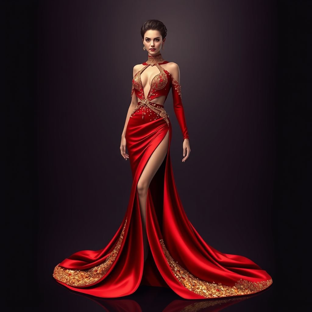 All red and gold gliter small amount of fabric
Design a captivating evening gown that embodies pure glamour, crafted from a striking combination of rich red satin and shimmering gold glitter. The design features daring cutouts and a high slit, with flowing, asymmetrical layers that cascade to the floor. Adorn with opulent gold embellishments, embodying elegance and sophistication.