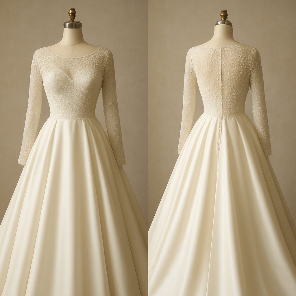 Wedding dress in creamy white, with a top with small diamonds and long sleeves, the only part of the top of the dress that isn’t with diamonds is where the bra is supposed to be
Wedding dress in creamy white, with a top with small diamonds and long sleeves, the only part of the top of the dress that isn’t with diamonds is where the bra is supposed to be, old_money style, show front and back