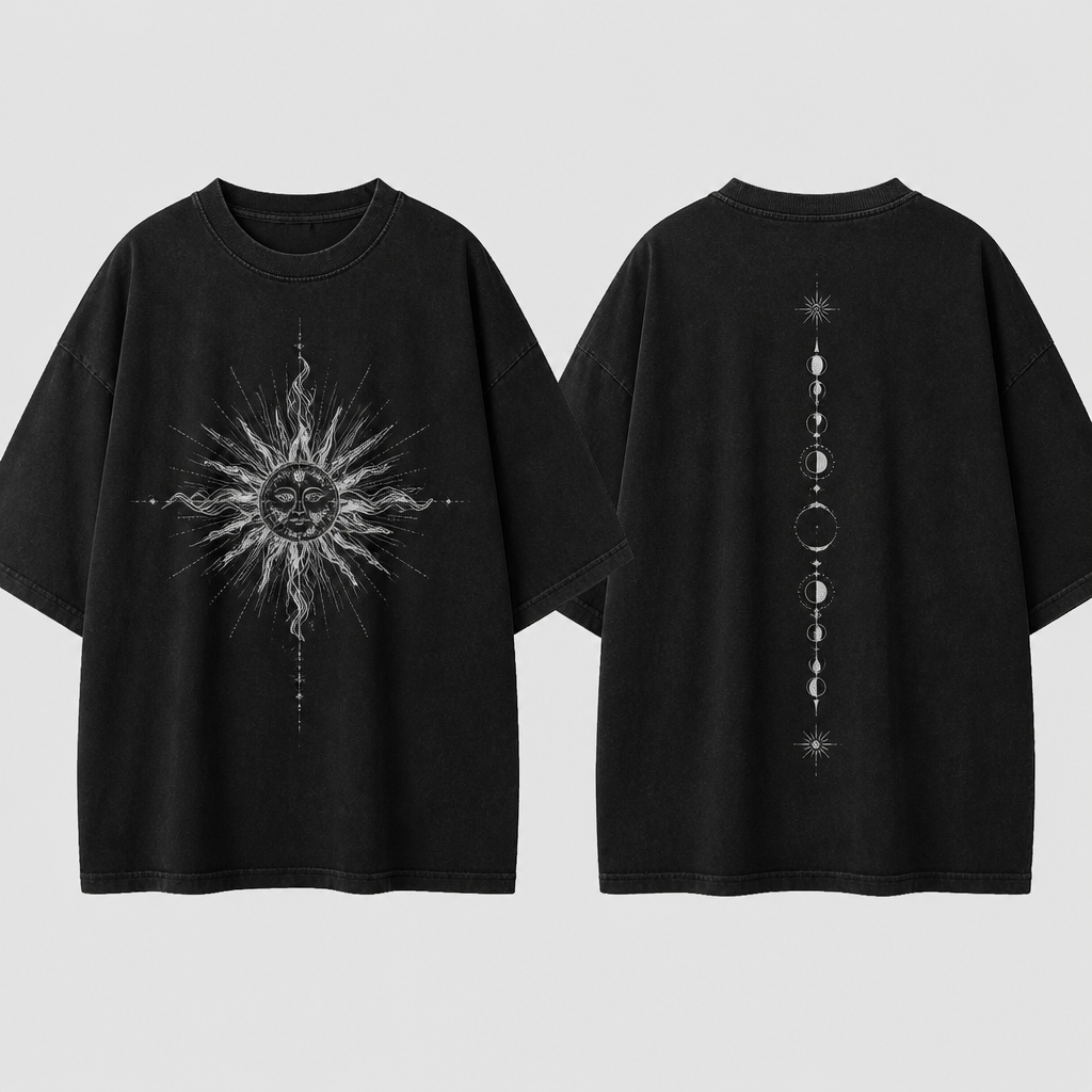 A Top design, made of Cotton, suitable for Summer, in Y2K style. футболка должна быть оверсайс и черная, солнце больше эзотерическое. Russia fashion aesthetics.
photorealistic fashion design, A Top design, made of Cotton, suitable for Summer, in Y2K style. футболка должна быть оверсайс и черная, солнце больше эзотерическое. Russia fashion aesthetics., y2k style, just the design no text, show front and back
