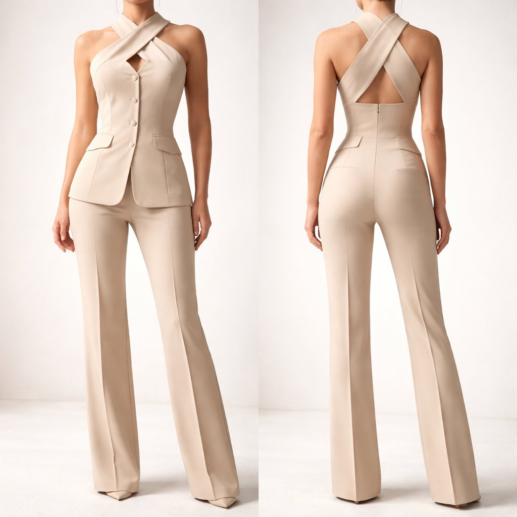 Two piece suit set. Only 3 buttons straight down in the middle on the top on a breasted halter crossed neck top. Thick material. No skin showing at gap of top!!!!!!!Full coverage.All beige, symmetrical pockets only on sides/top piece, no drooping pockets. No back pockets. Extenuate small waist and curvaceous hips. No crop top. Show top to bottom. Thicker cross.
Two piece suit set. Only 3 buttons straight down in the middle on the top on a breasted halter crossed neck top. Thick material. No skin showing at gap of top!!!!!!!Full coverage.All beige, symmetrical pockets only on sides/top piece, no drooping pockets. No back pockets. Extenuate small waist and curvaceous hips. No crop top. Show top to bottom. Thicker cross., business style, show front and back