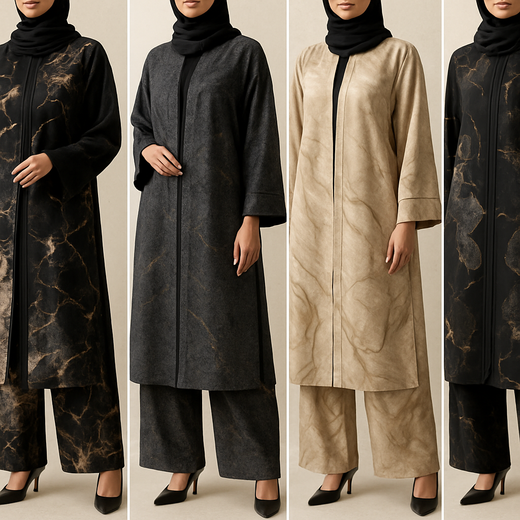 Create a modest abaya and loose pant, first of its kind, featuring a unique stone design that exudes a classy and sophisticated vibe. I'd like four designs, each showcasing different styles and fabrics. Incorporate high-end, unique chic stone designs to make them truly special. Add little sophisticated stone designs. Make it irresistible with designs that stands out.

Create a modest abaya and loose pant, first of its kind, featuring a unique stone design that exudes a classy and sophisticated vibe. I'd like four designs, each showcasing different styles and fabrics. Incorporate high-end, unique chic stone designs to make them truly special. Add little sophisticated stone designs. Make it irresistible with designs that stands out.