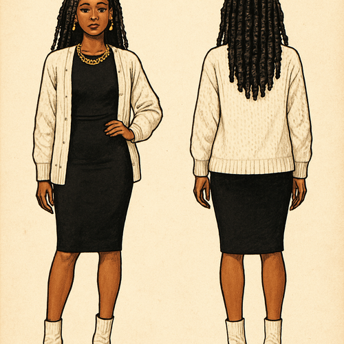 Black shirt 
Tight Pencil skirt
White cardigan 
White boot heels
Faux locs 
Gold chain gold earrings 

