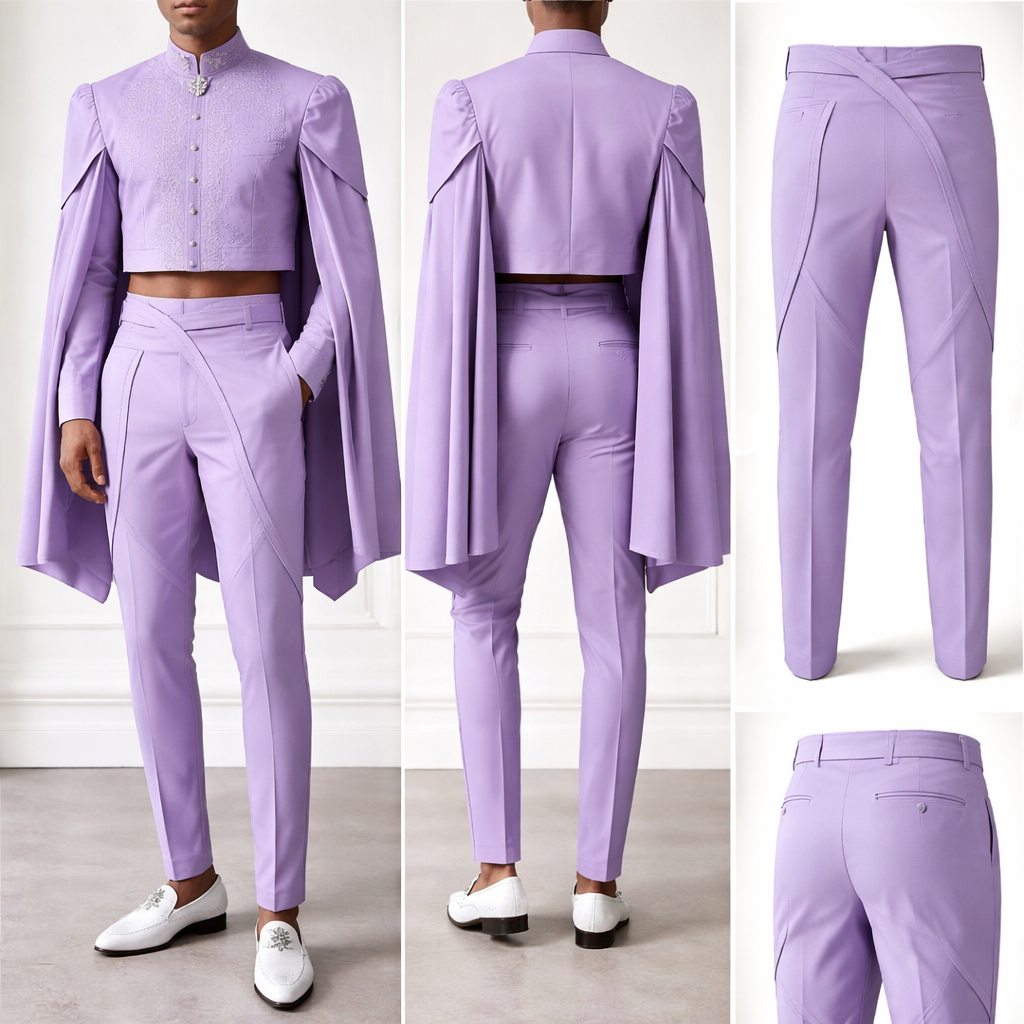 Design a unique men’s native Nigerian attire in lavender fabric, blending tradition and modernity. Create a cropped native top with structured shoulders and a high mandarin collar. Attach a short, cape-like agbada that drapes from the back, keeping the overall look sleek. Show both the front and back views of the outfit. After displaying the attire, also generate a separate, fresh trouser design—distinct from the previous ones—offering a unique taper, perhaps with a subtle wrap detail or a diagonal seam pattern. Ensure all angles, front, back, and the separate trouser, are shown, so the full outfit and its distinct pieces stand out boldly and uniquely.
Design a unique men’s native Nigerian attire in lavender fabric, blending tradition and modernity. Create a cropped native top with structured shoulders and a high mandarin collar. Attach a short, cape-like agbada that drapes from the back, keeping the overall look sleek. Show both the front and back views of the outfit. After displaying the attire, also generate a separate, fresh trouser design—distinct from the previous ones—offering a unique taper, perhaps with a subtle wrap detail or a diagonal seam pattern. Ensure all angles, front, back, and the separate trouser, are shown, so the full outfit and its distinct pieces stand out boldly and uniquely.