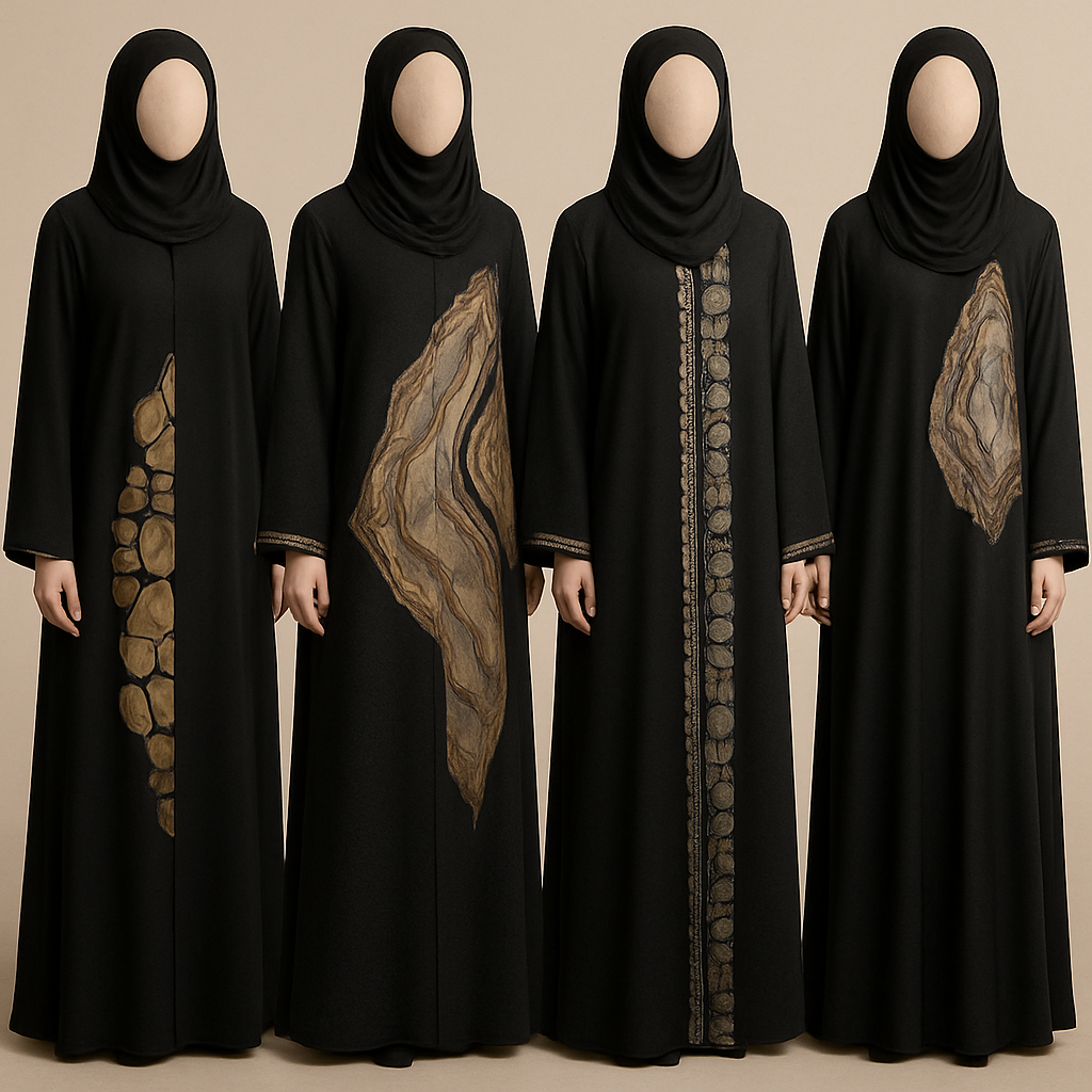 Create a modest abaya that's the first of its kind, featuring a unique stone design that exudes a classy and sophisticated vibe. I'd like four designs, each showcasing different styles and fabrics.
Incorporate high-end, unique chic stone designs to make them truly special. Add a little sophisticated stone work to it.

Create a modest abaya that's the first of its kind, featuring a unique stone design that exudes a classy and sophisticated vibe. I'd like four designs, each showcasing different styles and fabrics.
Incorporate high-end, unique chic stone designs to make them truly special. Add a little sophisticated stone work to it.