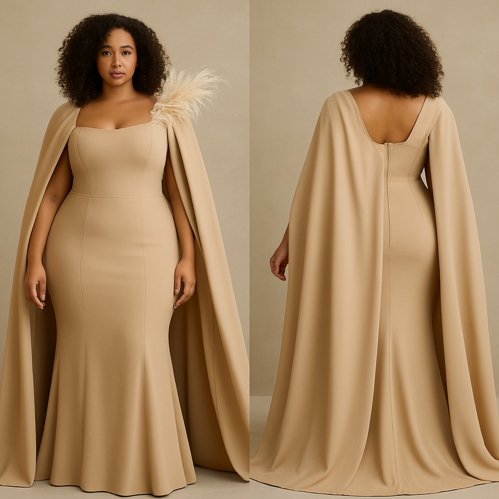 Beige dress with big cape. With a feather 
Make it realistic, make it curvy with curly hair

Beige dress with big cape. With a feather 
Make it realistic, make it curvy with curly hair, show front and back