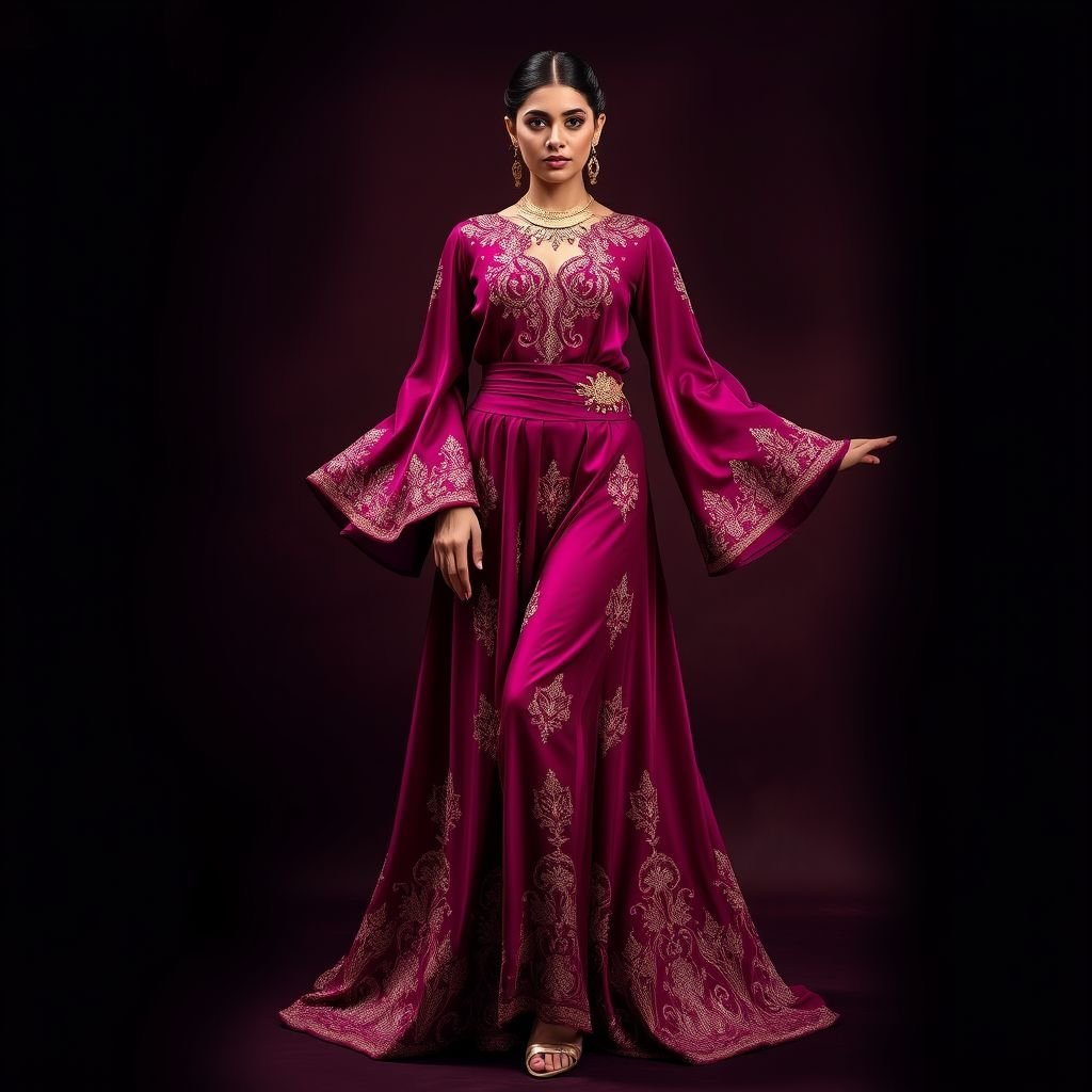 Deep magenta Arabic style jalabiya with desi crystal stitching for decoration
Imagine an opulent deep magenta jalabiya, exuding glamour with its rich silk fabric cascading elegantly to the floor. Adorned with intricate desi crystal stitching that sparkles like stars, the oversized bell sleeves and a cinched waist accentuate sophistication. Complete the look with bold gold accessories and luxurious silk heels for a show-stopping effect.