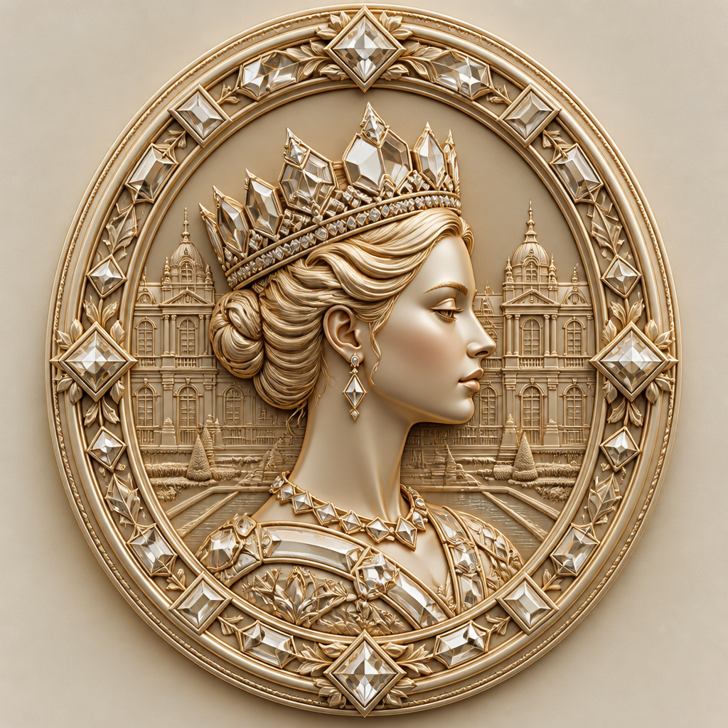 Queen Henriette is the legendary sovereign of an imaginary kingdom devoted to beauty, elegance, knowledge, and timeless craftsmanship. She is portrayed as a graceful queen with refined features, calm confidence, and an aura of noble sophistication. Her crown is composed of geometric gemstones arranged in perfect symmetry, symbolizing balance, excellence, and enduring luxury.
Her face is sculpted with delicate classical proportions inspired by European royal art, while her expression conveys wisdom, strength, and serenity. She is neither historical nor modern, but exists beyond time as a symbol of eternal elegance.
The emblem of Queen Henriette is designed as a miniature sculptural medallion that can be integrated into luxury handbags, jewelry, cosmetic packaging, perfume bottles, and fashion accessories. The relief sculpture features her profile surrounded by geometric architectural motifs inspired by French palaces, precious gemstones, and fine craftsmanship.
Queen Henriette represents refinement without excess, power without arrogance, and beauty without fleeting trends. She embodies the values of heritage, exclusivity, artistry, and sophistication. Every product bearing her image should feel like a treasured object passed through generations, crafted with exceptional attention to detail and destined to become timeless.
photorealistic fashion design, Queen Henriette is the legendary sovereign of an imaginary kingdom devoted to beauty, elegance, knowledge, and timeless craftsmanship. She is portrayed as a graceful queen with refined features, calm confidence, and an aura of noble sophistication. Her crown is composed of geometric gemstones arranged in perfect symmetry, symbolizing balance, excellence, and enduring luxury.
Her face is sculpted with delicate classical proportions inspired by European royal art, while her expression conveys wisdom, strength, and serenity. She is neither historical nor modern, but exists beyond time as a symbol of eternal elegance.
The emblem of Queen Henriette is designed as a miniature sculptural medallion that can be integrated into luxury handbags, jewelry, cosmetic packaging, perfume bottles, and fashion accessories. The relief sculpture features her profile surrounded by geometric architectural motifs inspired by French palaces, precious gemstones, and fine craftsmanship.
Queen Henriette represents refinement without excess, power without arrogance, and beauty without fleeting trends. She embodies the values of heritage, exclusivity, artistry, and sophistication. Every product bearing her image should feel like a treasured object passed through generations, crafted with exceptional attention to detail and destined to become timeless., just the design no text