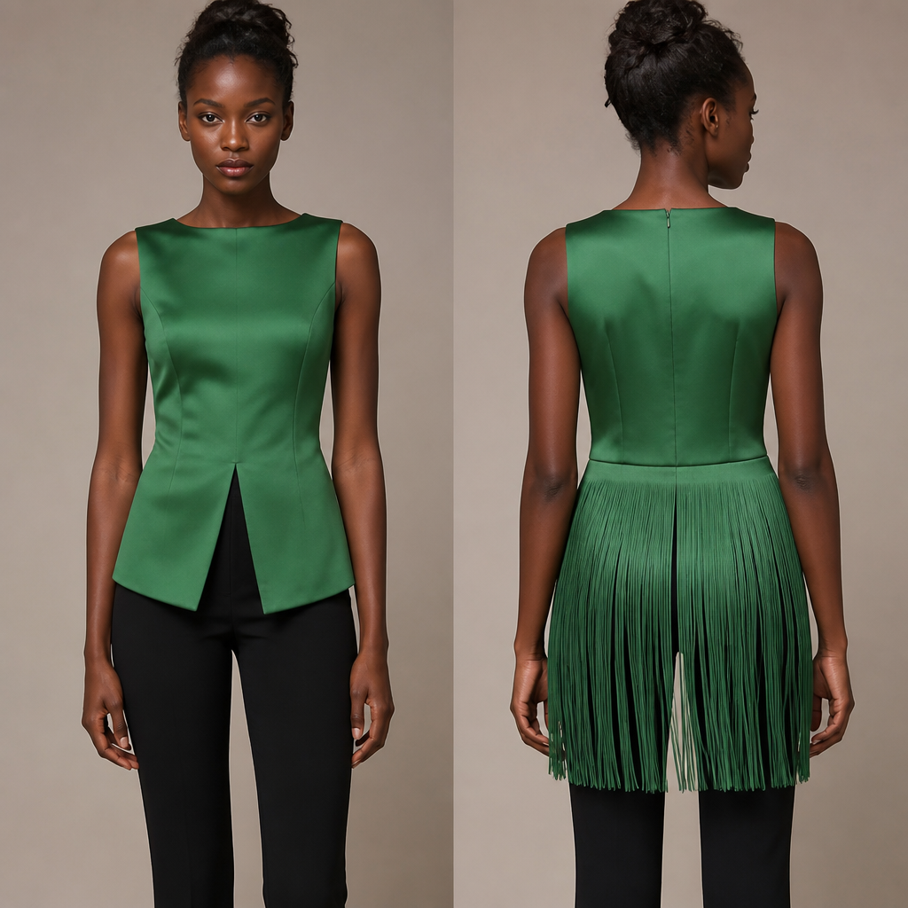 by using reference above generate a green top in which at the back it has fringes starting from the waist till to the thighs
s. Tanzania fashion aesthetics.
photorealistic fashion design, by using reference above generate a green top in which at the back it has fringes starting from the waist till to the thighs
s. Tanzania fashion aesthetics., just the design no text, show front and back