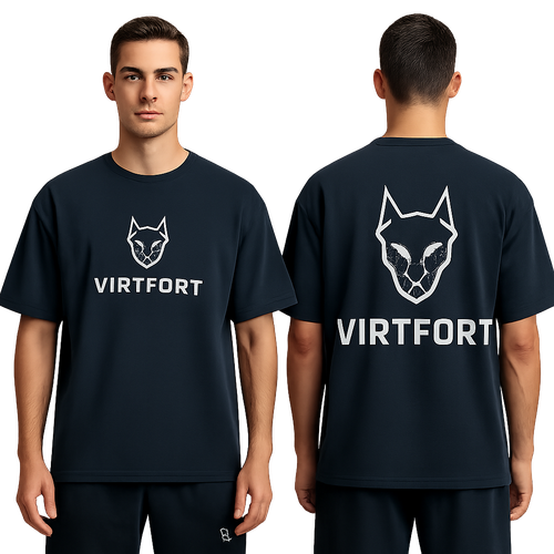 Marca: Virtfort 
Usa un estilo minimalista en el logo y playera oversize 
Concepto: Ropa deportiva premium inspirada en la virtud y la fuerza. Cada prenda representa disciplina, resiliencia y superación personal.

Logo:
	•	Figura de un Cerbero estilizado en silueta blanca, minimalista y sin fondo.
	•	La forma muestra la cabeza del perro mirando al frente, con trazos limpios, modernos y simétricos.
	•	El texto “VIRTFORT” aparece con letras mayúsculas separadas en la tipografía Zeniq Nano, un estilo geométrico y técnico que transmite solidez y precisión.
	•	En ocasiones, se usa una versión lineal (horizontal) y otra cuadrada (vertical) del logo.
	•	Puede aplicarse en color blanco o en los tonos corporativos según el fondo de la prenda.

Colores corporativos (según manual):
	•	Azul oscuro #001232
	•	Rojo vino #570F10
	•	Gris medio #666666
	•	Rosa pálido #E8C5DB
	•	Azul claro #92BBCD
	•	Neutros complementarios: blanco y negro

Estilo visual general:
	•	Minimalista, moderno y atlético.
	•	Combinación de funcionalidad y estética elegante (similar a Gymshark o Lululemon).
	•	Líneas limpias, paneles ergonómicos y materiales de rendimiento técnico.
	•	Puede alternar entre dos líneas:
	•	Minimalista Virtfort: logo pequeño y discreto (pecho, pierna).
	•	Streetwear Virtfort: logo grande o lateral (espalda, muslo, gorra).

Aplicaciones típicas del logo:
	•	Pequeño en pecho o pierna para prendas deportivas.
	•	Grande en espalda o muslo para piezas tipo streetwear.
	•	Blanco sobre colores oscuros o rojo vino; azul oscuro sobre fondos claros.

Inspiración:


El diseño toma como referencia al Cerbero mitológico, símbolo de fuerza, lealtad y vigilancia. Representa la idea de que cada atleta tiene una fortaleza interior esperando ser liberada.