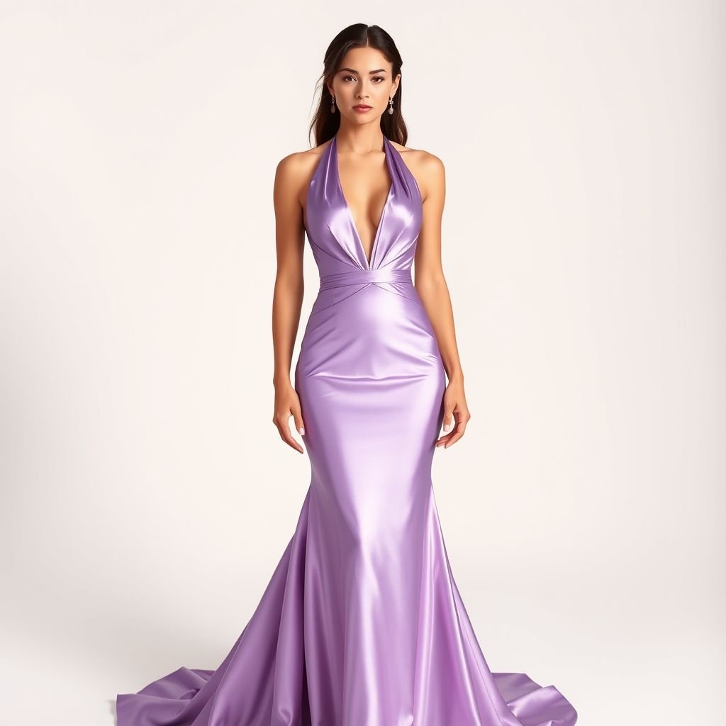 Style & Fit: The dress is a sleek, form-fitting evening gown that hugs the body and emphasizes the natural curves. It has a plunging V-neckline that adds a bold, sultry element to the design. The dress appears to be sleeveless with a halter-style top, baring the shoulders and arms and fastening behind the neck. Fabric & Texture: The material looks like satin or silk, giving it a smooth, shiny and reflective finish that catches the light beautifully. The fabric has a slight sheen, enhancing the dress’s elegant and luxurious feel. Color: It’s a soft, pastel lilac or blush lavender—a feminine and romantic shade that complements the glossy texture well. Length: The dress appears to be floor-length or slightly above the ankles, giving it a formal and glamorous silhouette. It drapes down smoothly from the hips with no visible slit, suggesting a more classic mermaid or column silhouette. Overall Impression: This is a sophisticated, statement dress perfect for formal events like a prom, wedding, or evening gala. It blends sensuality with elegance, especially due to its silhouette, luxurious fabric, and bold neckline.
Prompt Expansion:
Imagine a breathtaking evening gown that seamlessly combines contemporary chic with timeless glamour. The form-fitting silhouette accentuates the body’s natural curves, featuring a daring plunging V-neckline for added drama. The sleek halter design, fastened at the nape, highlights bare shoulders and toned arms, exuding confidence. Crafted from luxurious silk with a mesmerizing lilac sheen, the fabric glimmers under soft lighting, casting an ethereal glow. Floor-length with an elegantly draped column silhouette, it flows gracefully, making every step a statement. Ideal for sophisticated galas or enchanting weddings, this gown embodies modern romance, captivating with its enchanting blend of sensuality and elegance, making it a show-stopping choice.