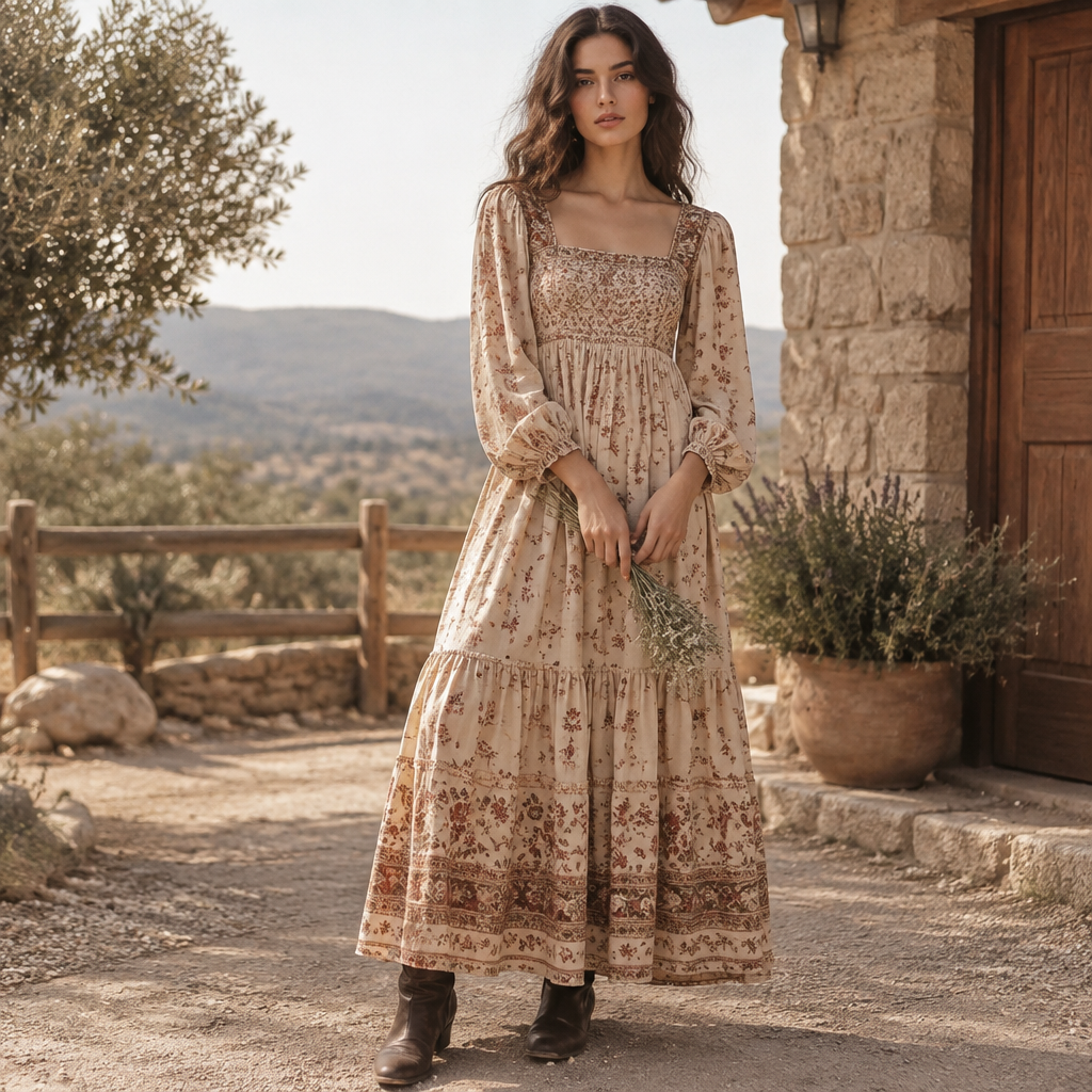 A Female Dress design, suitable for Fall, in Cottagecore style. حريب و مميز. Israel fashion aesthetics. Present it as professional fashion catalogue photography: the garment is the subject, shown full-length with editorial styling, neutral posing and tasteful, non-suggestive framing.
photorealistic fashion design, A Female Dress design, suitable for Fall, in Cottagecore style. حريب و مميز. Israel fashion aesthetics. Present it as professional fashion catalogue photography: the garment is the subject, shown full-length with editorial styling, neutral posing and tasteful, non-suggestive framing., cottagecore style, just the design no text