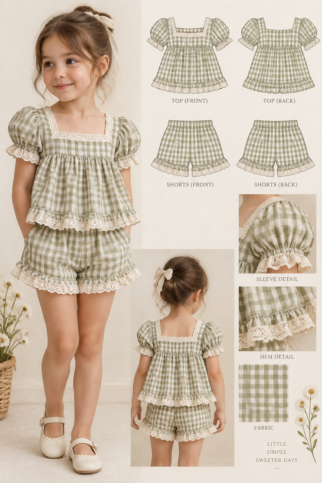 Kids girls two piece. Gingham top and shorts with lace trims and puffiness
Kids girls two piece. Gingham top and shorts with lace trims and puffiness, cottagecore style