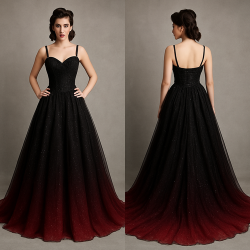 Black glittery wedding dress with long train. Made from chiffon, with corset top and back, with bottom fading into red.