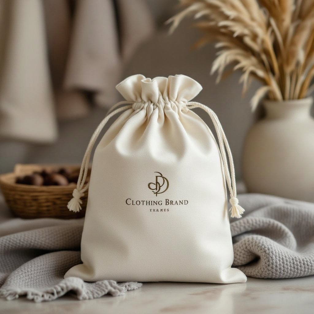 یه بسته بندی یا بگ زیبا برای برند لباسم طراحی کن
Design a beautiful cotton drawstring dust bag in a natural color, with a simple, elegant logo placement for a clothing brand.