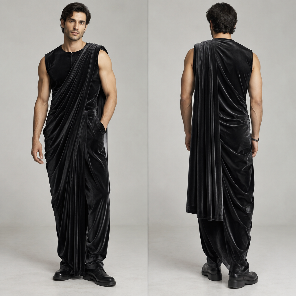 A Male Saree design, made of Velvet, with a sturdy, casual hand, with a Relaxed silhouette, in a Monochrome color palette, for Work, suitable for Fall, suited to a Tropical climate, in Streetwear style, shown on a model with light skin and an athletic build. PS fashion aesthetics. Present it as professional fashion catalogue photography: the garment is the subject, shown full-length with editorial styling, neutral posing and tasteful, non-suggestive framing.
photorealistic fashion design, A Male Saree design, made of Velvet, with a sturdy, casual hand, with a Relaxed silhouette, in a Monochrome color palette, for Work, suitable for Fall, suited to a Tropical climate, in Streetwear style, shown on a model with light skin and an athletic build. PS fashion aesthetics. Present it as professional fashion catalogue photography: the garment is the subject, shown full-length with editorial styling, neutral posing and tasteful, non-suggestive framing., streetwear style, just the design no text, show front and back