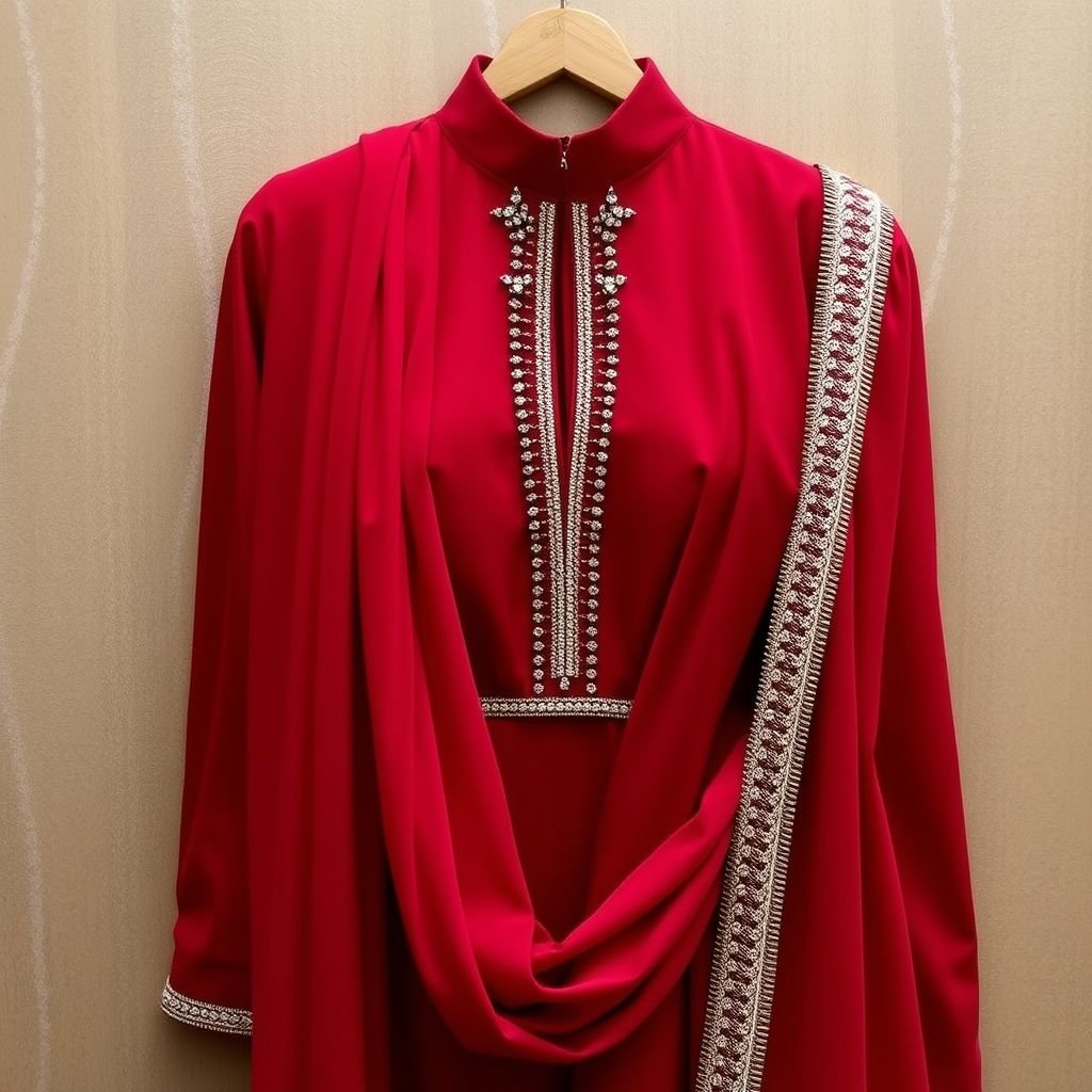 maroon and off white combination salwar suit pants should be a palazzo sleeves are long fitted neck is collor top is majorly maroon and shawl is off white very minimal sophisticated stone work on shawl and neck portion of top
Envision a luxurious maroon palazzo suit, its long fitted sleeves and collared neckline exuding elegance. The fabric cascades gracefully, with subtle off-white accents enhancing the simplicity. Enriched by exquisite minimal stonework on the neckline and shawl, the ensemble seamlessly blends tradition and sophistication, making it perfect for upscale gatherings or festive occasions.