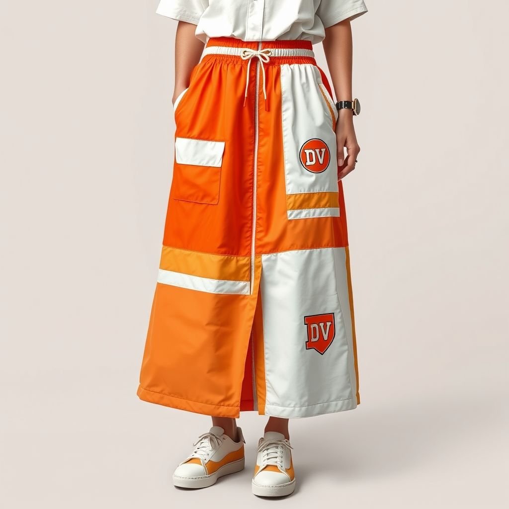 Streetrush women’s Street Sporty Academy Style, Street Hip-Hop Oversized midi skirt. These orange creamsicle and beige Color-Block Design, windbreaker material skirt. Feature Multiple Stripes, white and baby orange Paneling Design, And Front And Back Pattern Designs, Along With A Creative Double Waistband. They Are Suitable For All-Season Wear, Embody Street Rock Aesthetics, And Are Perfect For Music Festivals And Everyday Outfits. This Style Reflects Y2K Streetwear , Women’s Two-Tone Outdoor Sports , Chicago Jersey , Streetwear , Streetwear skirt. Put “DV” somewhere on it. Create me a logo for my brand “Da’Vine” and put it up there also
Design a women's streetwear oversized midi skirt that embodies a vibrant fusion of the sporty academy style and Y2K aesthetics. The skirt features a bold orange creamsicle and beige color-block design crafted from lightweight windbreaker material. Multiple stripes, playful white and baby orange paneling, and unique front and back graphics enhance its look.
Incorporate a distinctive double waistband for a trendy fit, making it perfect for every season, music festivals, and everyday street style. Emphasize Chicago jersey influences to capture urban energy. Place a dynamic “DV” logo along with a custom “Da’Vine” logo creatively integrated into the design, showcasing your brand’s essence.