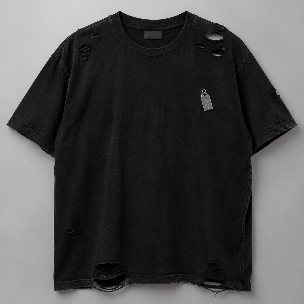 Rich black Cotten T-shirt with rips and a logo of small price tag engraved with the word slaved
photorealistic fashion design, Rich black Cotten T-shirt with rips and a logo of small price tag engraved with the word slaved , just the design no text