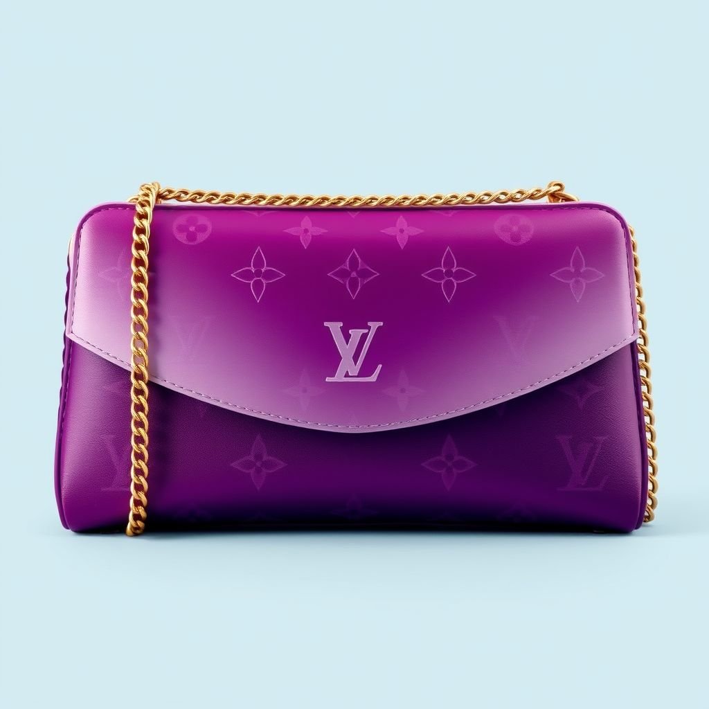 Design a large Louis Vuitton-inspired clutch featuring a vibrant, gradient ombre effect that transitions from deep purple to soft lilac. The bag is adorned with intricate, hand-stitched Louis Vuitton motifs and metal edging details. Complete it with a detachable chain strap for versatile wear, combining elegance with a bold statement style.
Design an opulent Louis Vuitton-inspired clutch that embodies classic elegance. Crafted in luxurious leather, the piece features a stunning gradient ombre from regal deep purple to delicate lilac. Adorn this timeless accessory with meticulously hand-stitched LV motifs and gold-tone metal edging. Finish with a detachable chain strap, marrying tradition with contemporary flair.