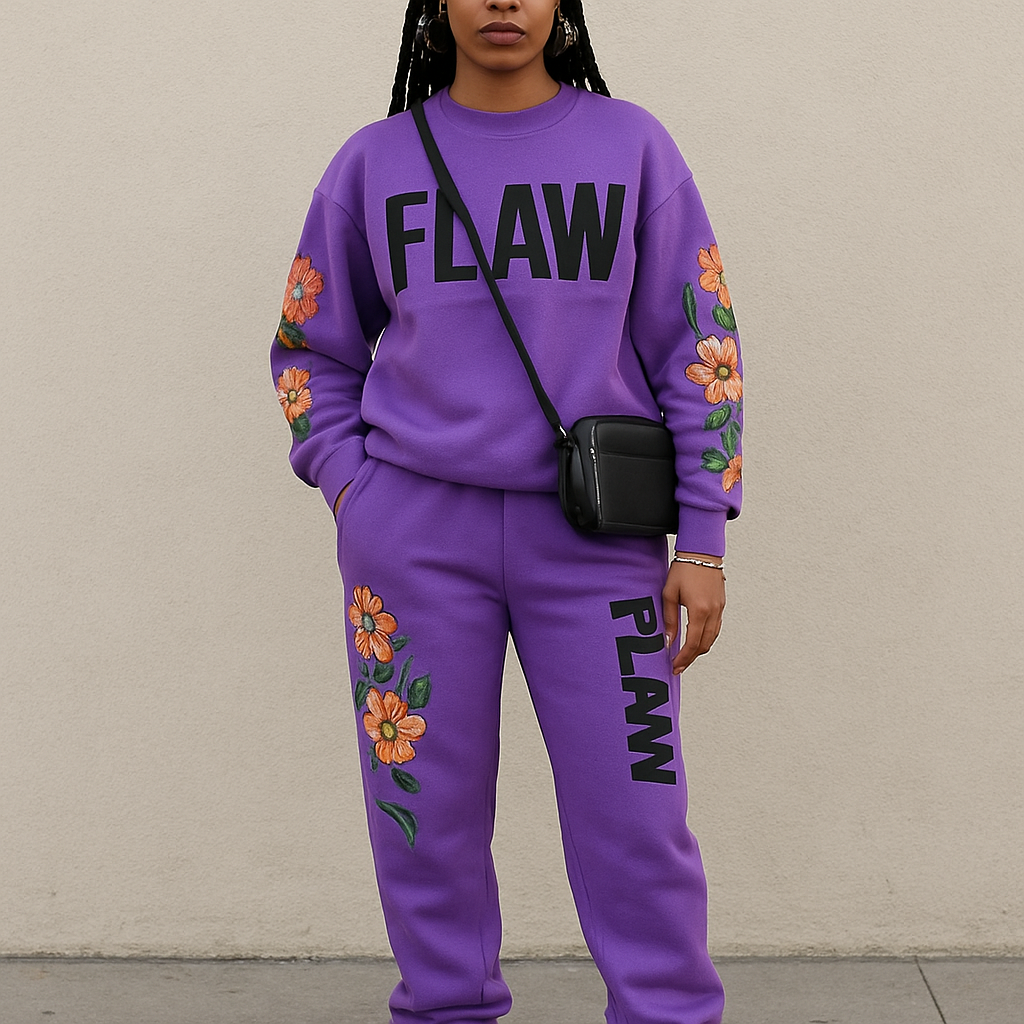 Purple jogging suit with bold words Flaw on it in Black braids gold hoop earrings and gold bracelet flowers on the sleeves and pants Flaw going down on the pants Black cross body purse and black nike shoes
Purple jogging suit with bold words Flaw on it in Black braids gold hoop earrings and gold bracelet flowers on the sleeves and pants Flaw going down on the pants Black cross body purse and black nike shoes , streetwear style