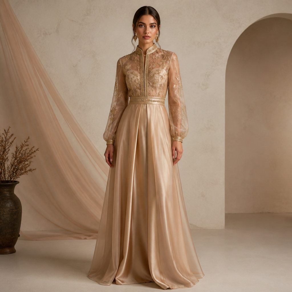 فهمت لكن الفوق تيل ترافاي و الاسفل ساتان او اورغونزا. Algeria fashion aesthetics. Present it as professional fashion catalogue photography: the garment is the subject, shown full-length with editorial styling, neutral posing and tasteful, non-suggestive framing.
photorealistic fashion design, فهمت لكن الفوق تيل ترافاي و الاسفل ساتان او اورغونزا. Algeria fashion aesthetics. Present it as professional fashion catalogue photography: the garment is the subject, shown full-length with editorial styling, neutral posing and tasteful, non-suggestive framing., just the design no text