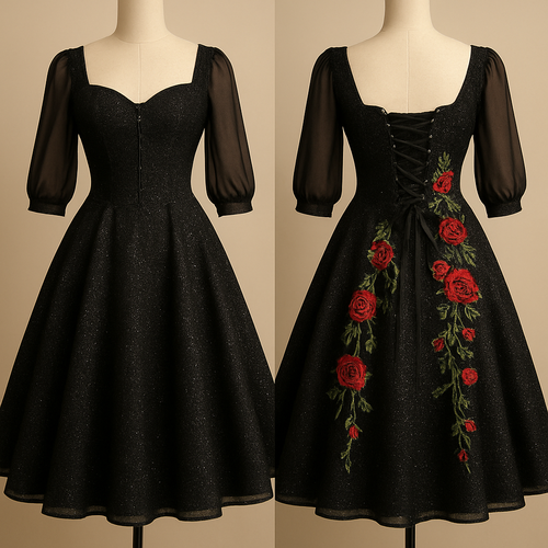 Glittery swing dress,black color, 1/3 sleeves chiffon sleeves. With red roses and green vines embroidered cascading down the back of the dress. Corset top and lace up back.