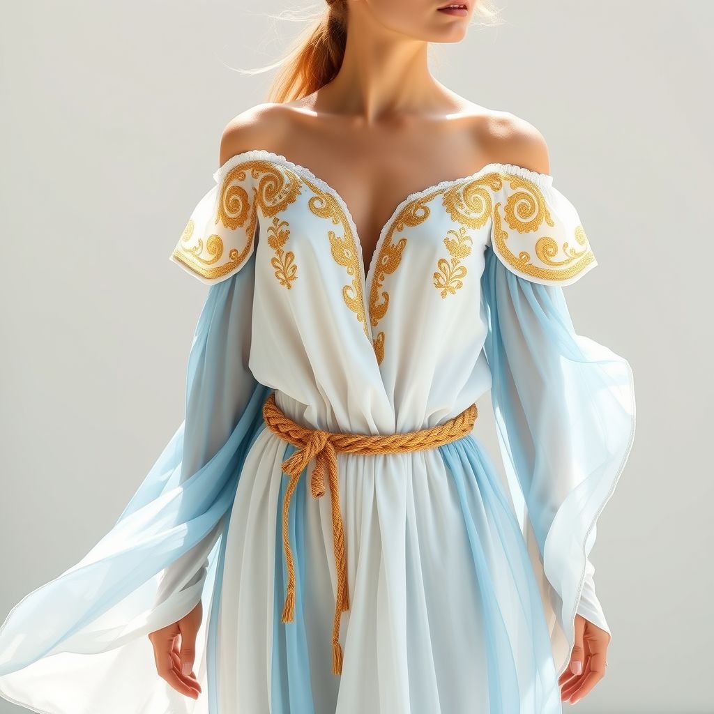 שמלה קיצית בסטייל קליל יווני
Imagine a breezy, summer dress inspired by Greek islands, featuring flowing, lightweight fabrics in soft white and ocean blue. The design incorporates delicate draping and off-shoulder sleeves, adorned with intricate gold embroidery reminiscent of ancient motifs. Accessorized with a braided belt, this ethereal piece captures the essence of effortless elegance.