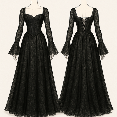 A black lace dress, corset top with long sleeves covering the hands as they flare out at the ends, the skirt part flows down to the feet.