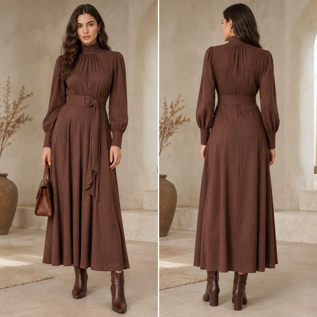 A Female Dress design, suitable for Fall. JO fashion aesthetics. Current season is Autumn in JO. Present it as professional fashion catalogue photography: the garment is the subject, shown full-length with editorial styling, neutral posing and tasteful, non-suggestive framing.
photorealistic fashion design, A Female Dress design, suitable for Fall. JO fashion aesthetics. Current season is Autumn in JO. Present it as professional fashion catalogue photography: the garment is the subject, shown full-length with editorial styling, neutral posing and tasteful, non-suggestive framing., just the design no text