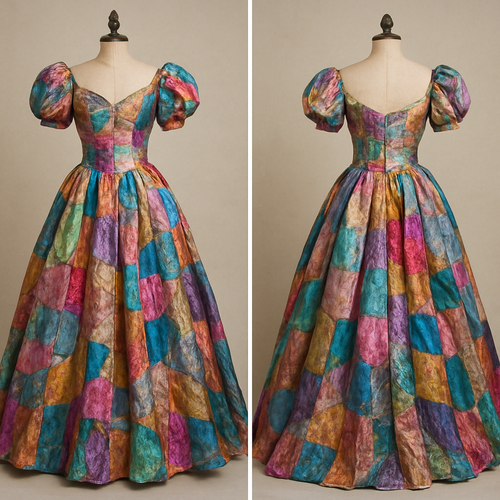 Create a colorful gown made from scrap fabric with iridescent touches