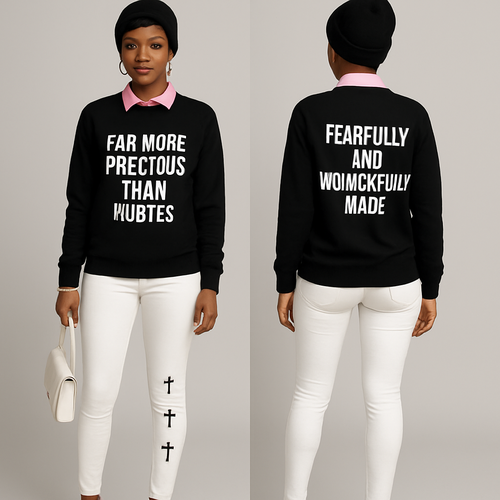 Black woman 
Pixie cut 
Black beanie 
Pink collared shirt 
Black sweater shirt says far more precious than rubies in white 
On the back it says fearfully and wonderfully made in white 
Tight White pants with 3 black crosses on them 
Pink heels 
White purse 
Gold jewelry 

