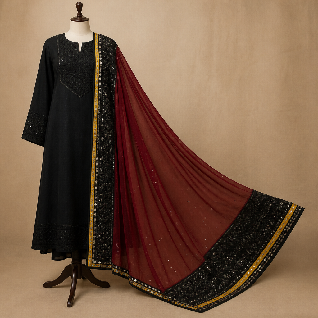 A Female Dress design. bright reddish maroon posheeda sheesh dupatta with 12 inches black border filled with entire katha work on the both the ends of the dupatta and give 1 inch mustard yellow brocade border with 2 inches black border with mirror work on the edge of the entire Dupatta. Design with modest coverage.
photorealistic fashion design, A Female Dress design. bright reddish maroon posheeda sheesh dupatta with 12 inches black border filled with entire katha work on the both the ends of the dupatta and give 1 inch mustard yellow brocade border with 2 inches black border with mirror work on the edge of the entire Dupatta. Design with modest coverage., just the design no text