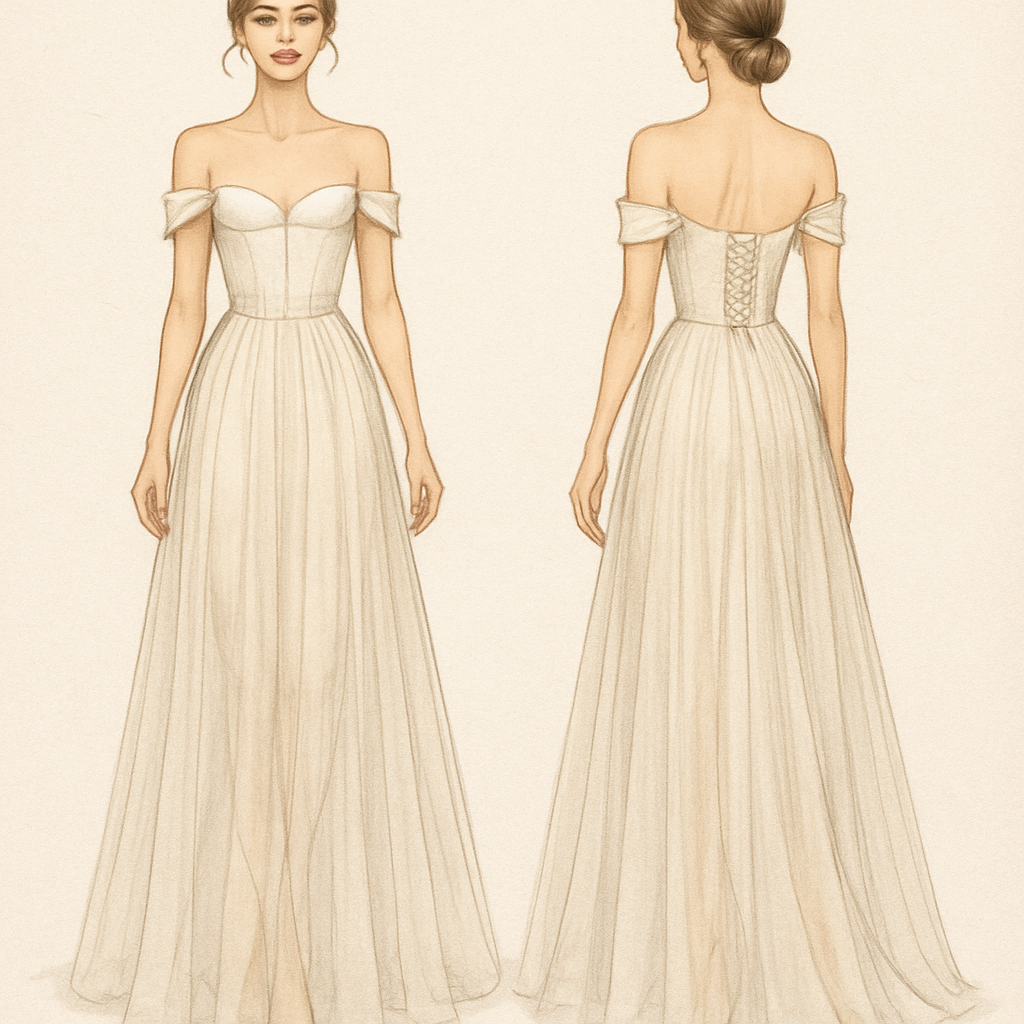 Off shoulder, princess cut corset top, sheer skirt dress.
Off shoulder, princess cut corset top, sheer skirt dress. , elegant style, show front and back