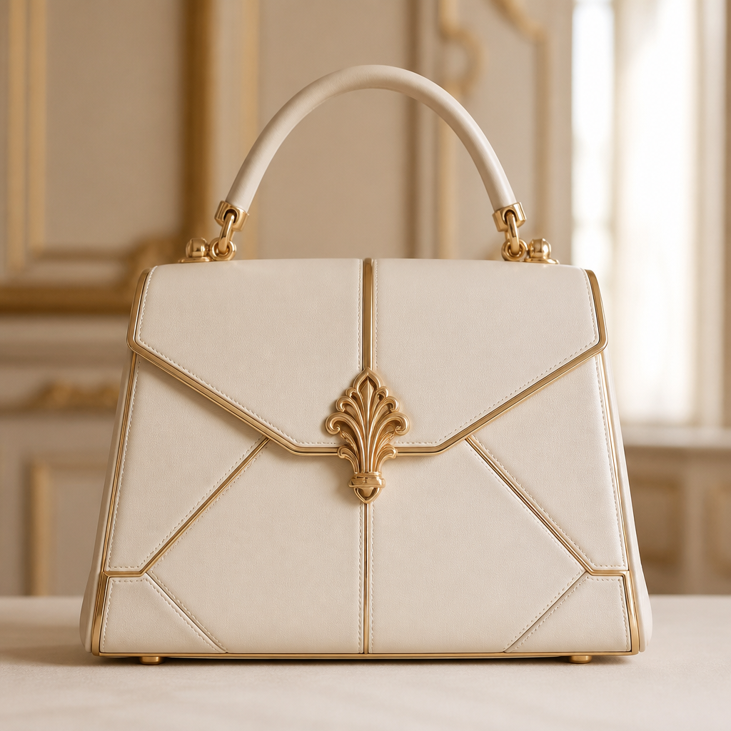 Design a classic luxury handbag inspired by the elegance of French palaces. Crafted from smooth ivory leather with subtle geometric paneling and brushed gold accents. The proportions are perfectly balanced, featuring a structured silhouette, elegant top handle, and discreet luxury details. Timeless, sophisticated, feminine, and suitable for a prestigious fashion house.
photorealistic fashion design, Design a classic luxury handbag inspired by the elegance of French palaces. Crafted from smooth ivory leather with subtle geometric paneling and brushed gold accents. The proportions are perfectly balanced, featuring a structured silhouette, elegant top handle, and discreet luxury details. Timeless, sophisticated, feminine, and suitable for a prestigious fashion house., just the design no text