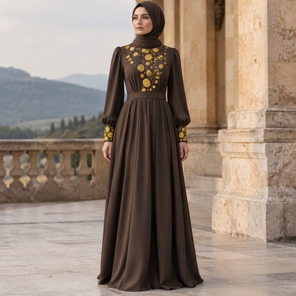 A Dress design, with modest, full coverage: longer hemlines, higher necklines and covered shoulders, suitable for Fall. محتشم اللون البركاني والأحجار أصفر بناني Present it as professional fashion catalogue photography: the garment is the subject, shown full-length with editorial styling, neutral posing and tasteful, non-suggestive framing.
photorealistic fashion design, A Dress design, with modest, full coverage: longer hemlines, higher necklines and covered shoulders, suitable for Fall. محتشم اللون البركاني والأحجار أصفر بناني Present it as professional fashion catalogue photography: the garment is the subject, shown full-length with editorial styling, neutral posing and tasteful, non-suggestive framing., just the design no text