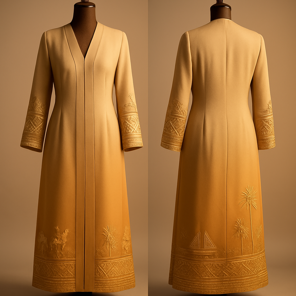 Light lighting to highlight the beauty of the abaya
"Ghawafil Al-Khaleej" ankle-length abaya on a polished dark-wood mannequin, full-body 3/4 pose. Fabric: silk-georgette gradient from sand to warm gold, wide front panel, straight vertical collar with a deep plunging V front opening extending directly down from the neck toward the hem (no rounded neckline). Subtle, shallow waist shaping achieved with soft, barely-visible darts and light princess seams at the natural waist to gently define the silhouette while preserving elegant drape and modest movement. Fitted narrow sleeves ending at the wrists, gold zardozi embroidery of camel caravans, dhow sails and palm motifs in geometric patterns, mother-of-pearl beads and subtle sequins along hems and panels. Warm sunset studio lighting to highlight fabric texture and bead shimmer, soft neutral background, emphasis on vertical line, graceful waist shaping detail, ultra-detailed photorealistic, high-resolution, shallow depth of field. --ar 4:5 --v 5 --q 2 --stylize 1000

Light lighting to highlight the beauty of the abaya
"Ghawafil Al-Khaleej" ankle-length abaya on a polished dark-wood mannequin, full-body 3/4 pose. Fabric: silk-georgette gradient from sand to warm gold, wide front panel, straight vertical collar with a deep plunging V front opening extending directly down from the neck toward the hem (no rounded neckline). Subtle, shallow waist shaping achieved with soft, barely-visible darts and light princess seams at the natural waist to gently define the silhouette while preserving elegant drape and modest movement. Fitted narrow sleeves ending at the wrists, gold zardozi embroidery of camel caravans, dhow sails and palm motifs in geometric patterns, mother-of-pearl beads and subtle sequins along hems and panels. Warm sunset studio lighting to highlight fabric texture and bead shimmer, soft neutral background, emphasis on vertical line, graceful waist shaping detail, ultra-detailed photorealistic, high-resolution, shallow depth of field. --ar 4:5 --v 5 --q 2 --stylize 1000, show front and back