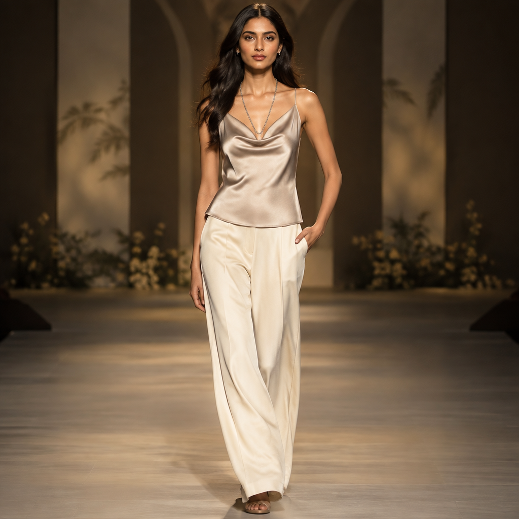 A Female Top design, in Runway style. silk top + one silver chain. India fashion aesthetics. Present it as professional fashion catalogue photography: the garment is the subject, shown full-length with editorial styling, neutral posing and tasteful, non-suggestive framing.
photorealistic fashion design, A Female Top design, in Runway style. silk top + one silver chain. India fashion aesthetics. Present it as professional fashion catalogue photography: the garment is the subject, shown full-length with editorial styling, neutral posing and tasteful, non-suggestive framing., runway style, just the design no text