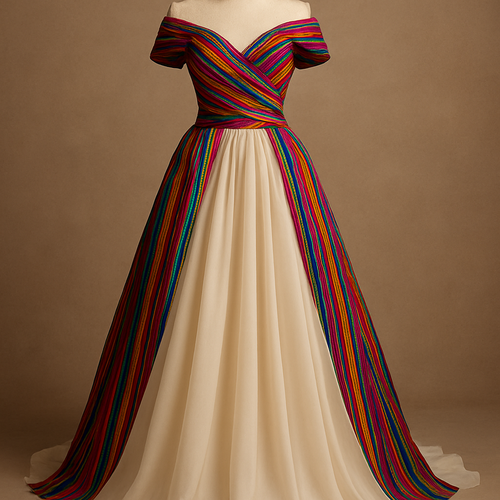 Create a one of a kind wedding dress using colorful aso oke and a cream chiffon fabric, that will look unique, graceful, And attractive.