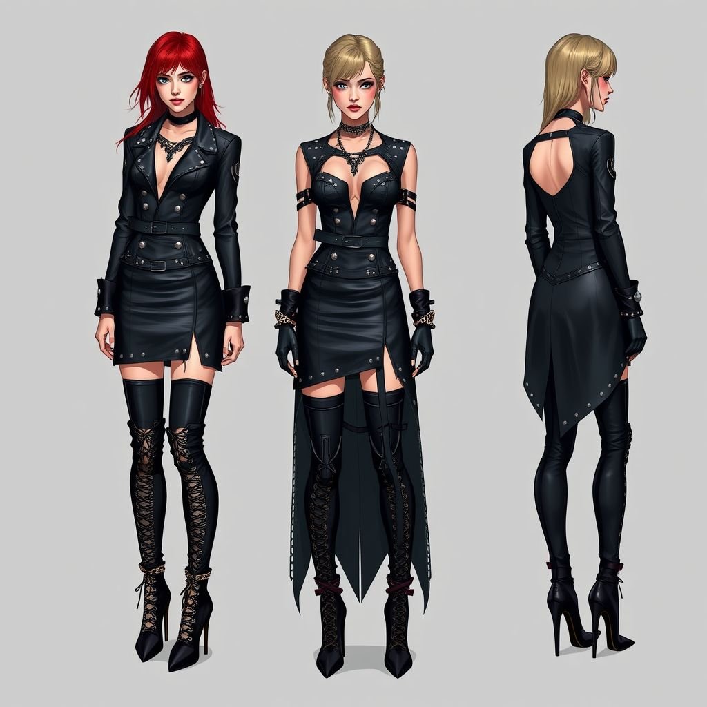 Sexi
Design a daring rock-inspired ensemble featuring a black leather mini dress adorned with silver studs and chains. Incorporate bold cutouts and asymmetrical hems for an edgy silhouette. Pair it with thigh-high, lace-up stiletto boots and layered chokers. Use deep, moody colors like charcoal and crimson to evoke a rebellious attitude.