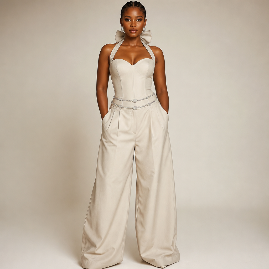 A Female fashion design. a plain corset style halter bow with sweet heart neck line that reaches the waist and below that screams baddie. On the wait are two crystal belt giving y2k vibe and a baggy trousers. Nigeria fashion aesthetics. Design with modest coverage.
photorealistic fashion design, A Female fashion design. a plain corset style halter bow with sweet heart neck line that reaches the waist and below that screams baddie. On the wait are two crystal belt giving y2k vibe and a baggy trousers. Nigeria fashion aesthetics. Design with modest coverage., just the design no text